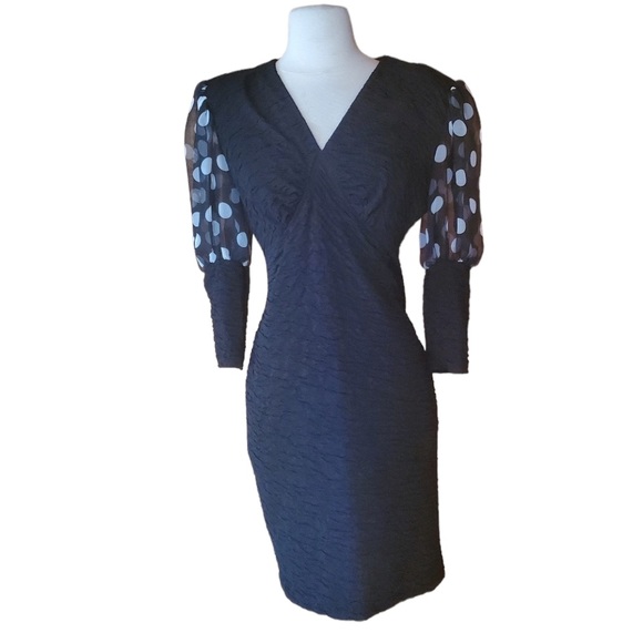 1980s Absolutely! Black Ruched & White Polka Dot Cocktail Dress‎ - Picture 1 of 8